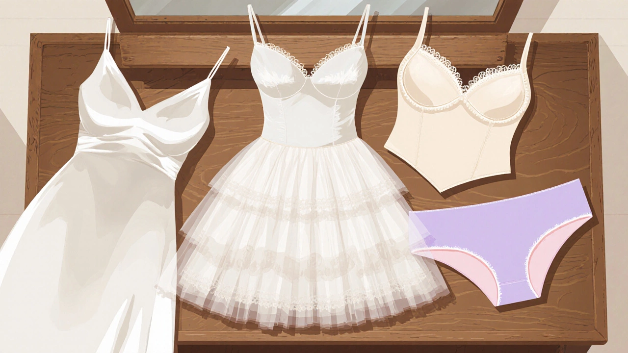 Assortment of bridal undergarments displayed on a vintage vanity.