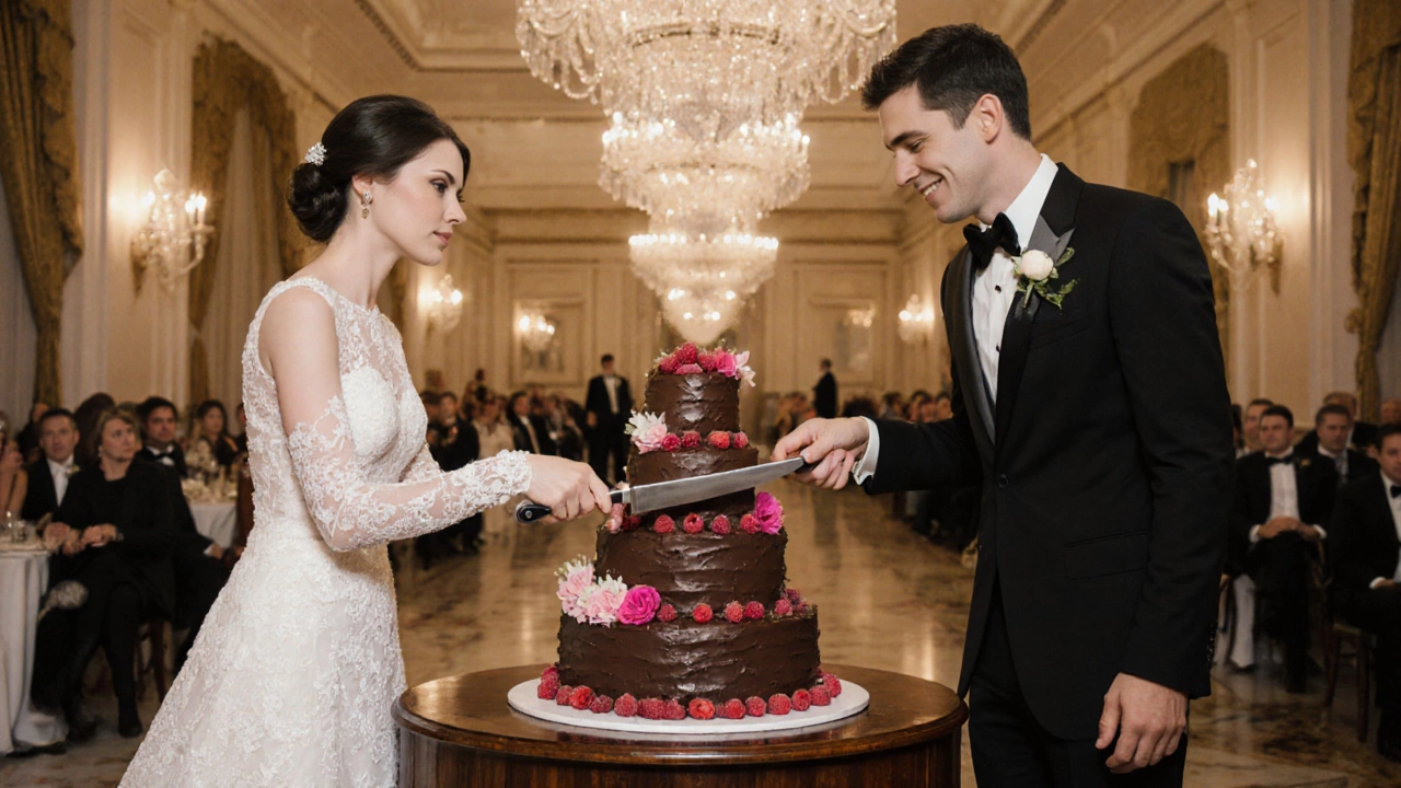 Bride and groom cutting a three‑tier chocolate cake together at their reception.