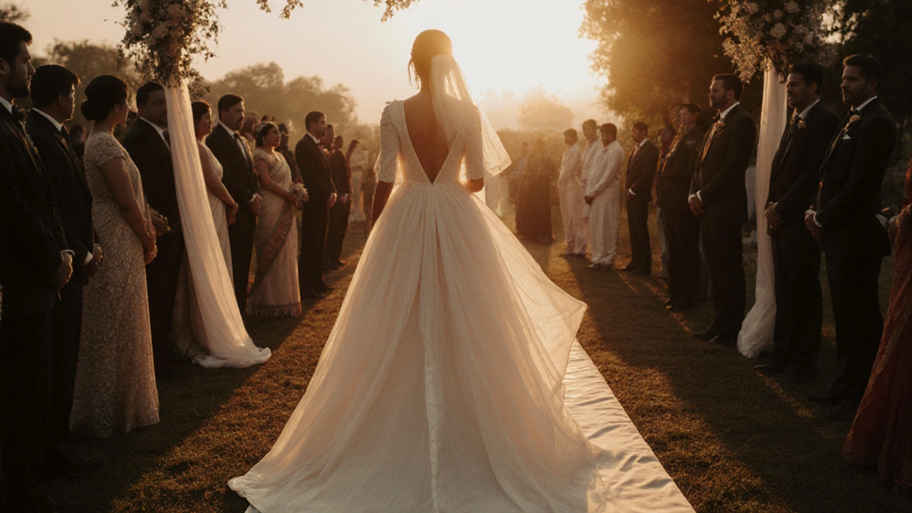 Bride walking down an aisle with a flawless silhouette under her gown.