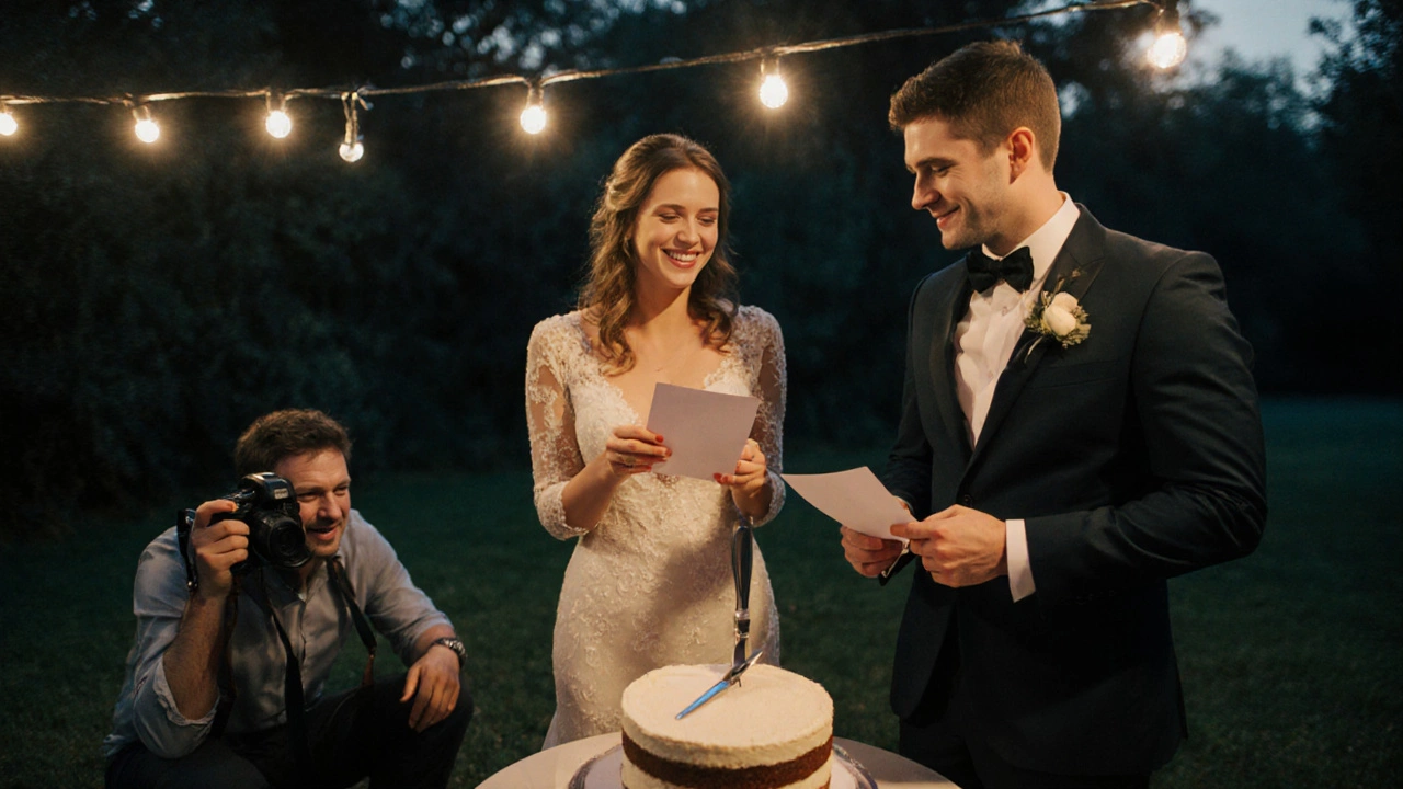 Couple rehearsing their cake‑cutting speech with cue cards, photographer nearby, and fairy lights above.