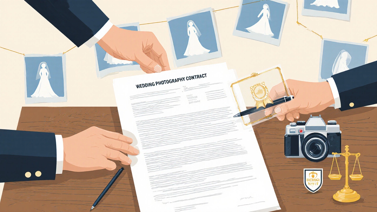 Couple reviewing a wedding photography contract with a camera on the table.