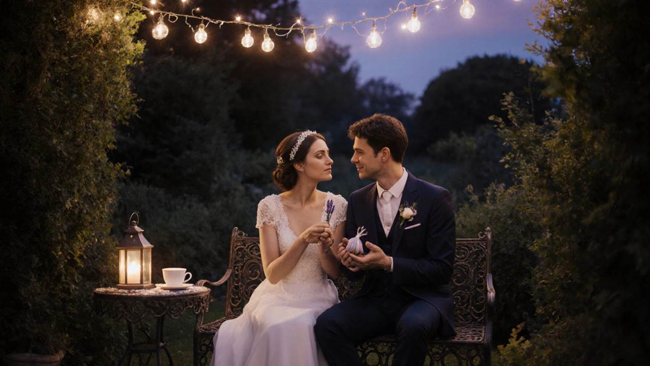 Couple sharing a mindful breathing pause in a lantern‑lit garden.