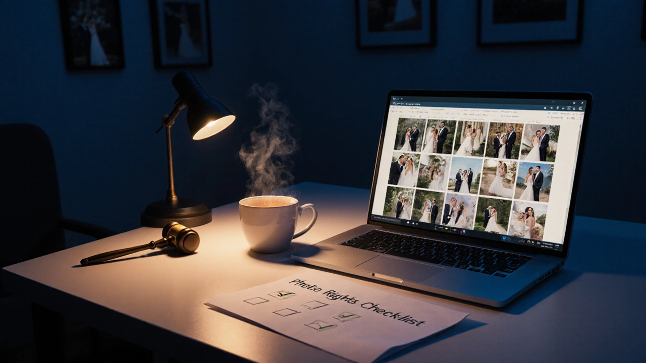 Desk with laptop showing wedding photos, checklist and gavel representing rights review.