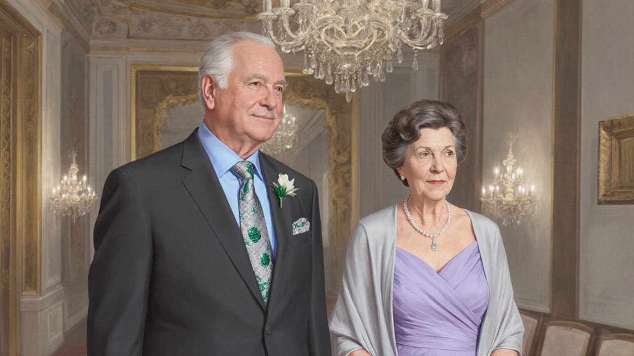 Father in charcoal suit and bride's mother in lavender dress coordinated at an indoor wedding.