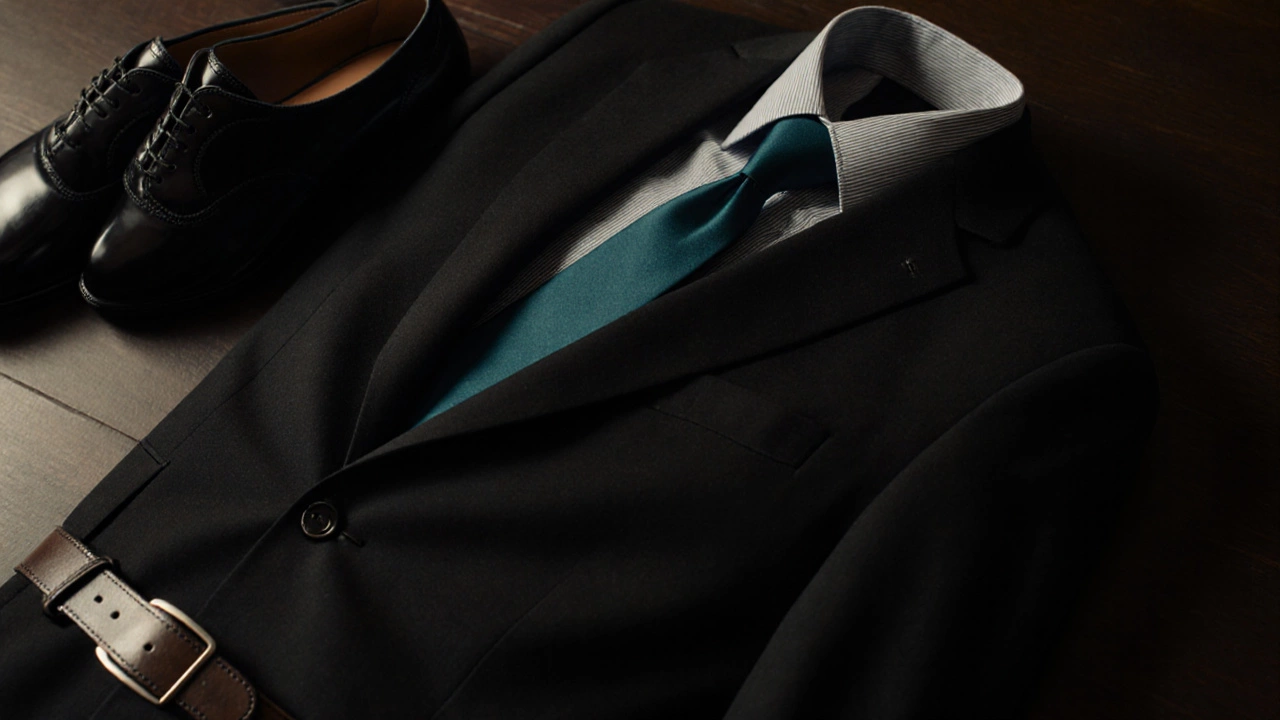 Flat view of a dark suit set: jacket, light‑gray shirt, teal tie, and polished black Oxfords.
