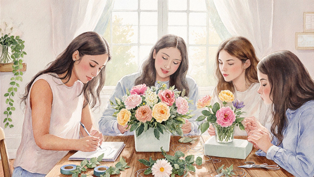 Friends creating affordable bouquets with seasonal flowers in a bright room.