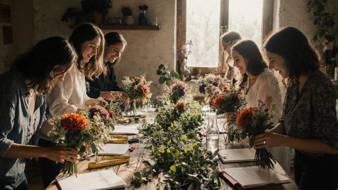 Friends gathering in a rustic kitchen, DIY assembling bouquets with autumn flowers.