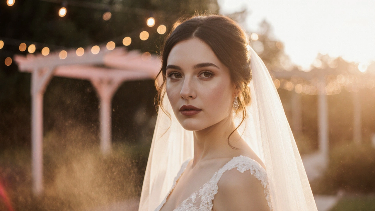Fully made‑up bride in ivory dress at golden‑hour wedding, glowing with radiant makeup.