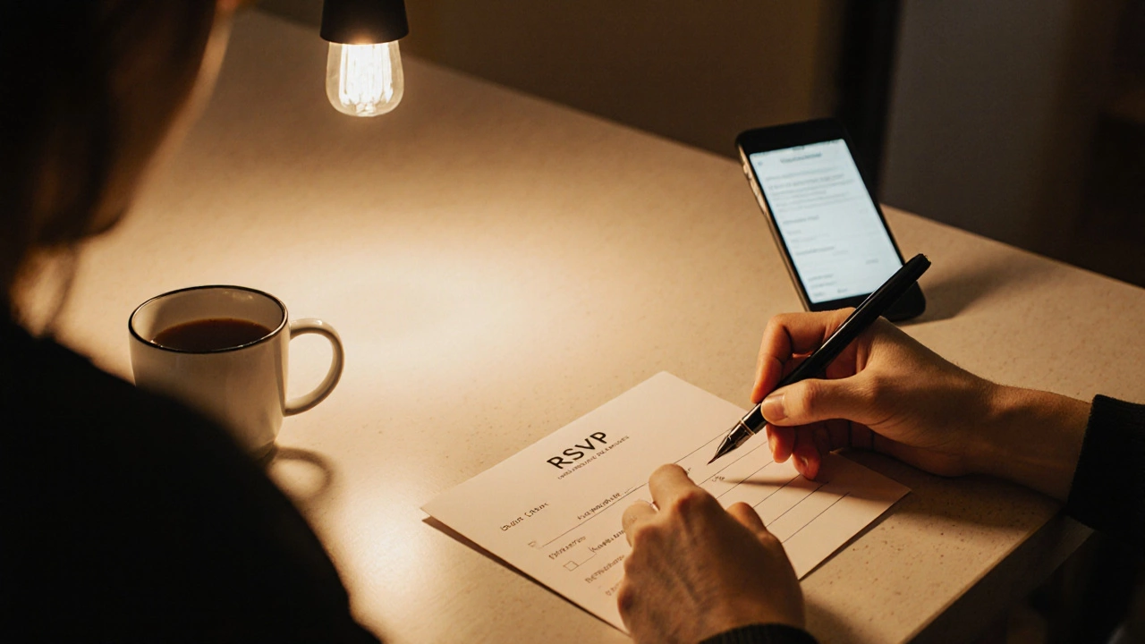 Guest writing a reply on an RSVP card at a kitchen table.