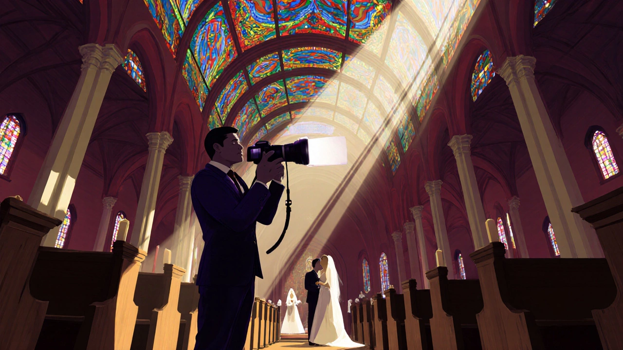 Illustration of a photographer using a bounce flash on a stained‑glass ceiling in a dim church aisle.