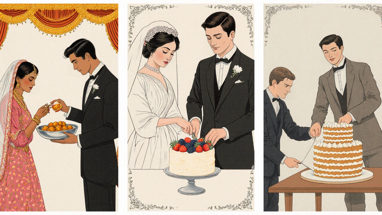 Illustration of Indian, Japanese, and German couples performing their unique cake‑cutting traditions.