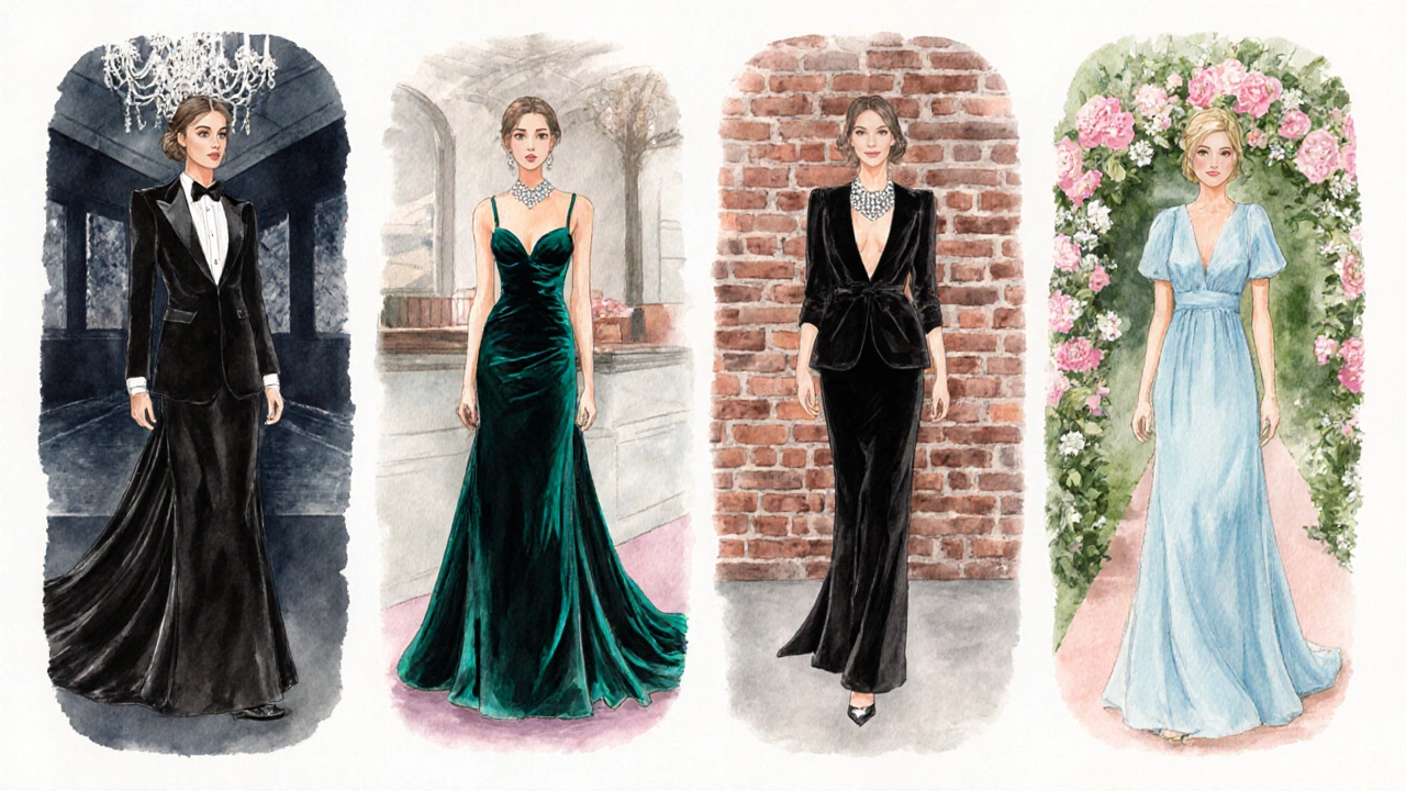 Illustration showing four wedding dress‑code looks, including black gowns and pastel dresses.