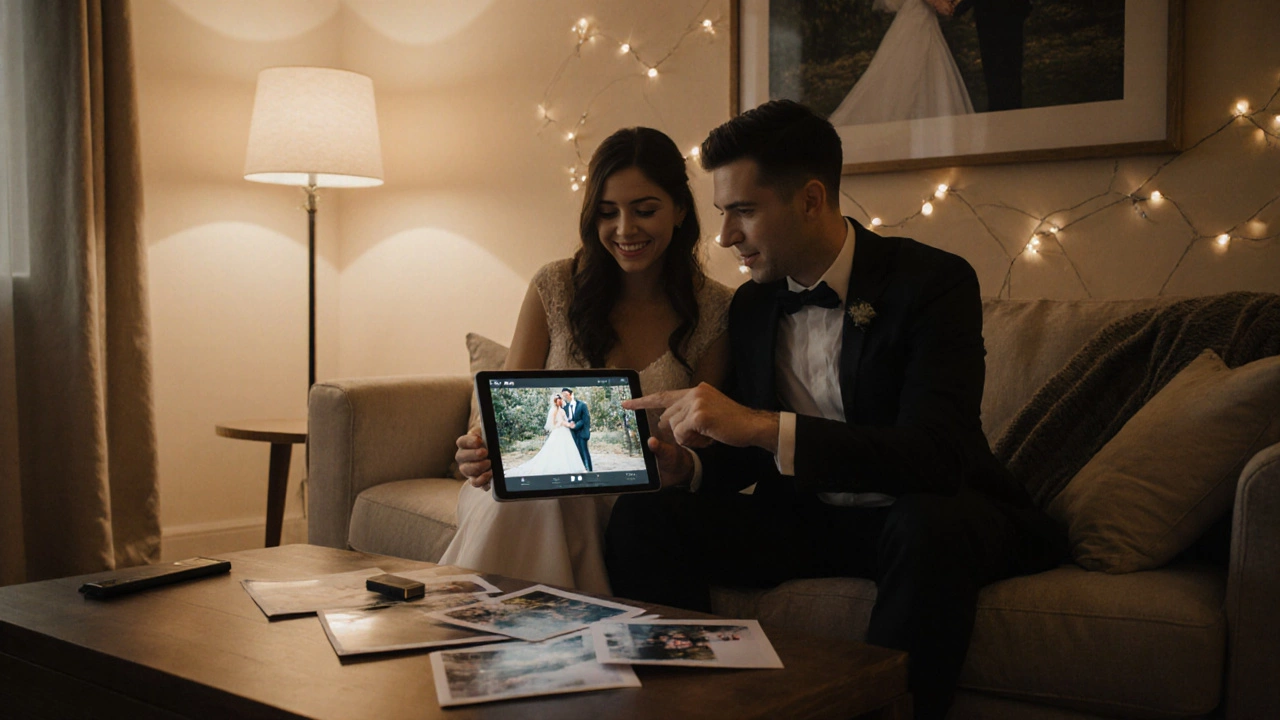Newly‑wed couple reviewing wedding photos on a tablet with printed pictures on the table.