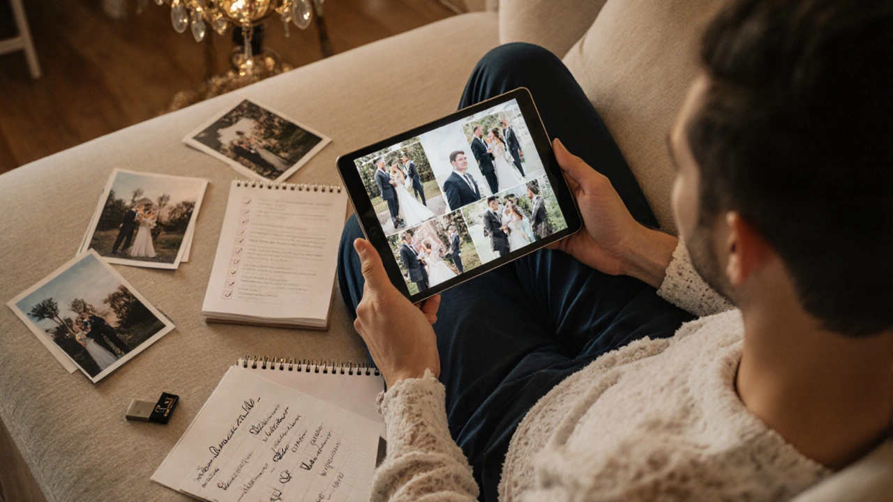 Newlyweds reviewing wedding gallery on tablet surrounded by prints and a checklist.