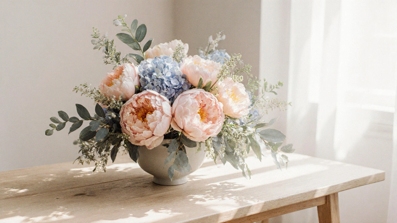Pastel watercolor wedding bouquet with peonies, eucalyptus, and hydrangea.
