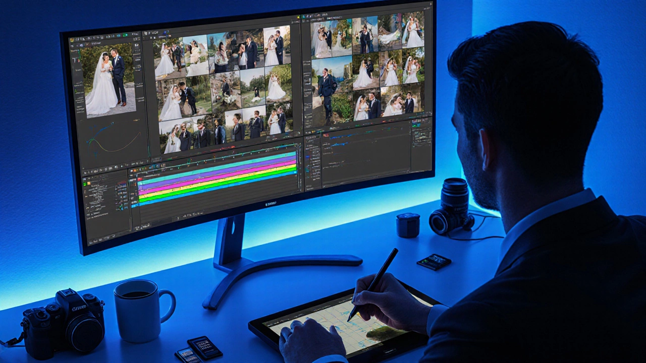 Photographer editing wedding photos on a desk with monitor, tablet, and coffee mug.