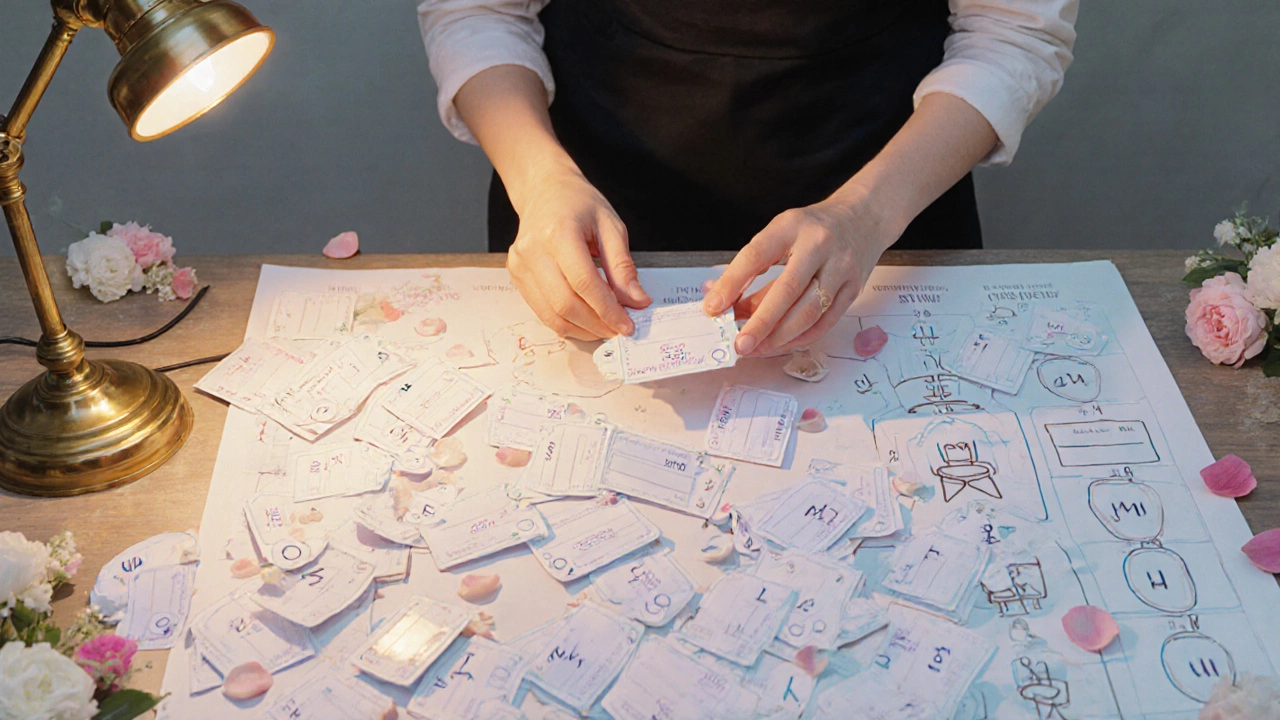 Planner arranging RSVP cards with M/F/U marks onto a seating chart on a desk.