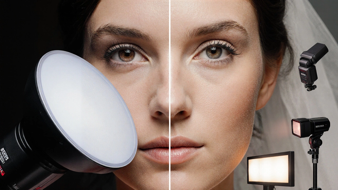 Side‑by‑side wedding portrait before and after red‑eye correction with lighting tools floating nearby.