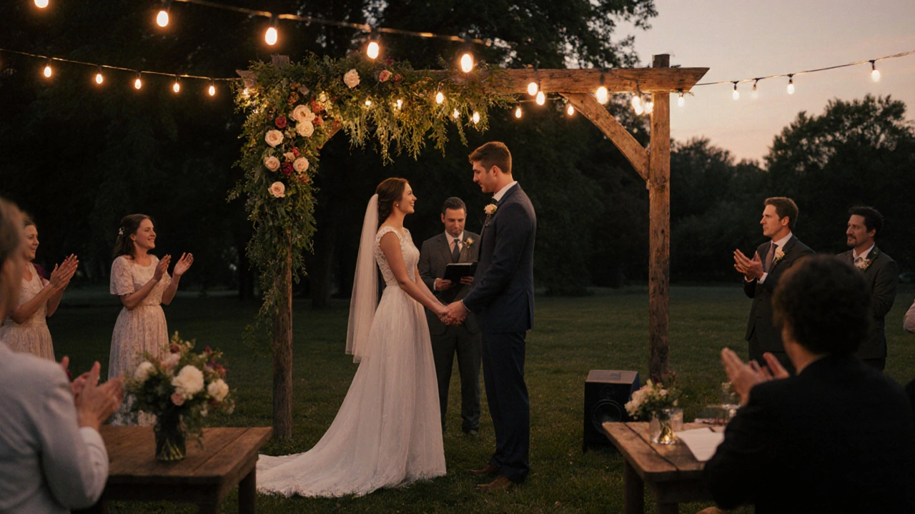 Simple park wedding at sunset with DIY décor and happy couple.
