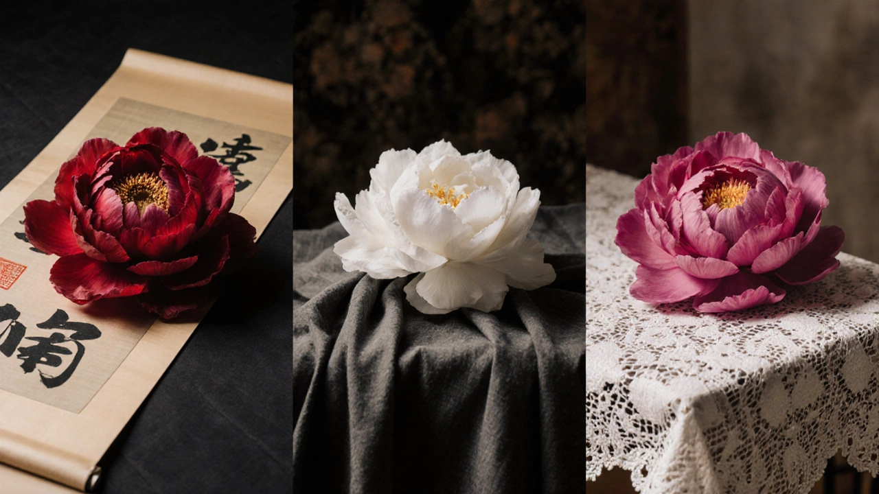 Three colored peonies on cultural fabrics illustrating negative meanings.