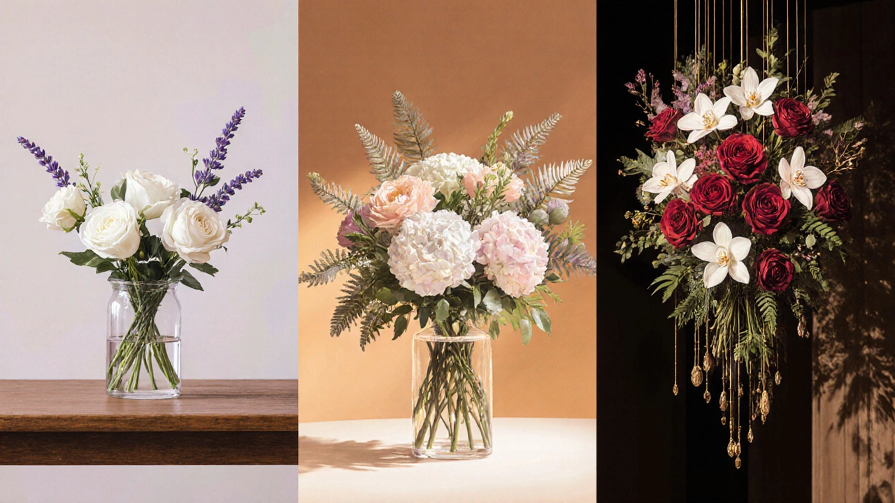 Three panel illustration showing minimalist, mid‑range, and luxury wedding flower setups.