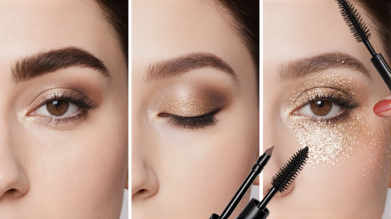 Three‑panel illustration showing transition shade, matte V, and shimmer lid eye makeup.