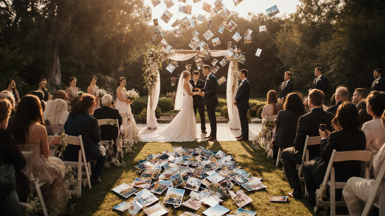 Two photographers covering ceremony with overlay of many faint thumbnails and bright edited photos.