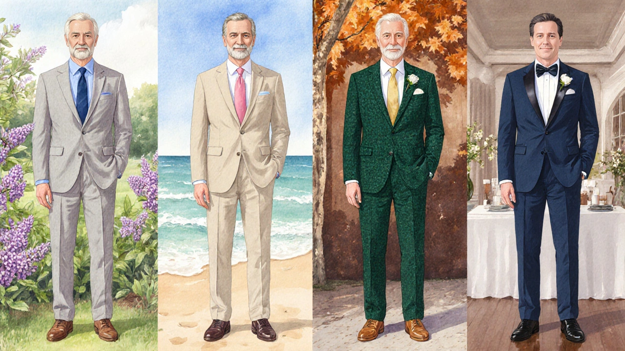 Watercolor panels showing father of groom in seasonal suits for spring, summer, fall, and winter.