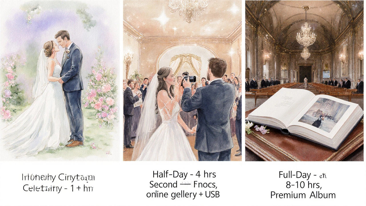 Watercolor panels showing hourly, half‑day, and full‑day wedding photography packages.