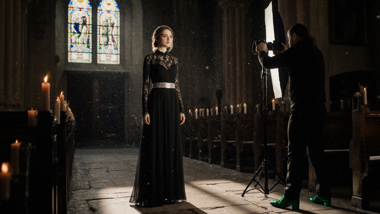 Woman in a black chiffon gown with silver belt stands in a dimly lit winter church wedding.